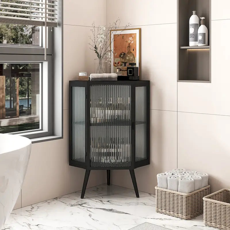 Meuble d'angle à poser, 3 niveaux avec portes en verre trempé et étagères de rangement