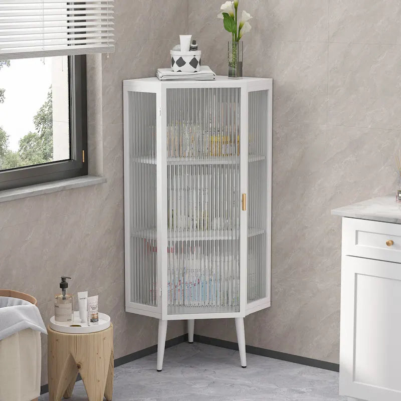 Meuble d'angle à poser, 3 niveaux avec portes en verre trempé et étagères de rangement