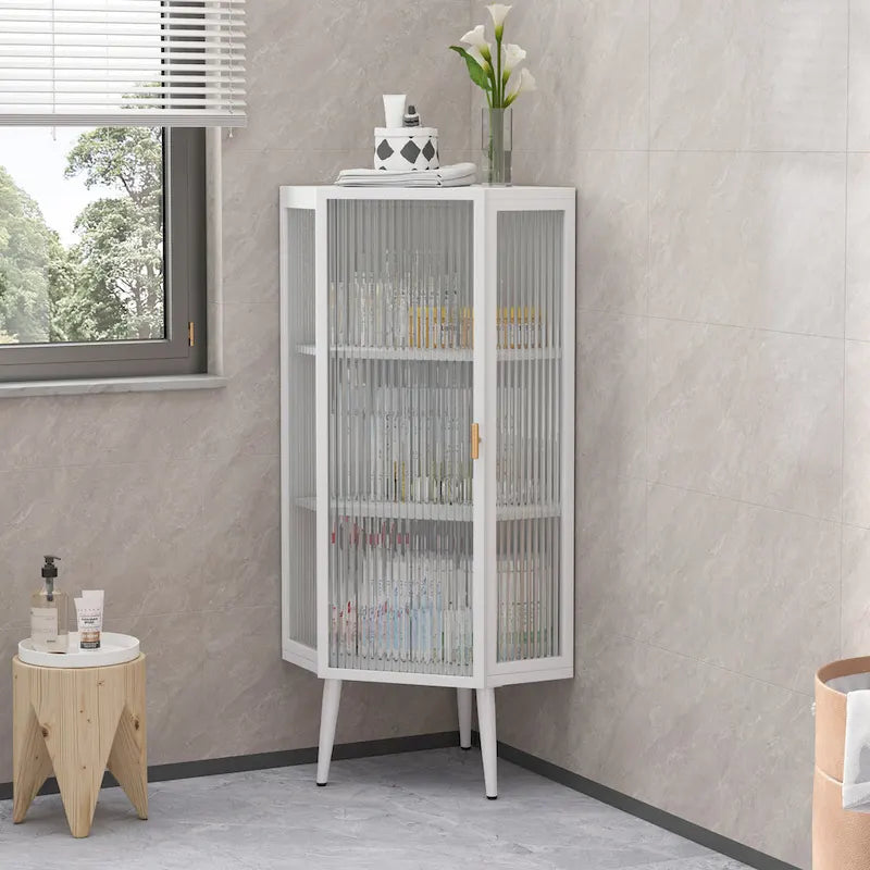 Meuble d'angle à poser, 3 niveaux avec portes en verre trempé et étagères de rangement