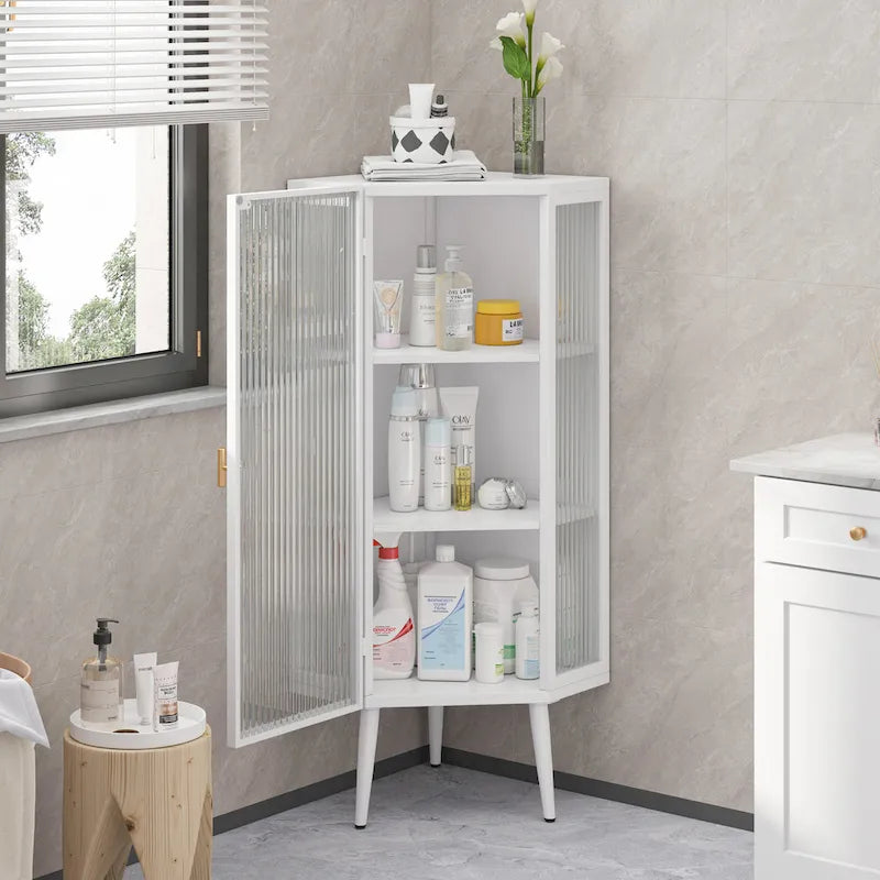 Meuble d'angle à poser, 3 niveaux avec portes en verre trempé et étagères de rangement