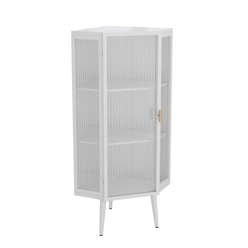 Meuble d'angle à poser, 3 niveaux avec portes en verre trempé et étagères de rangement