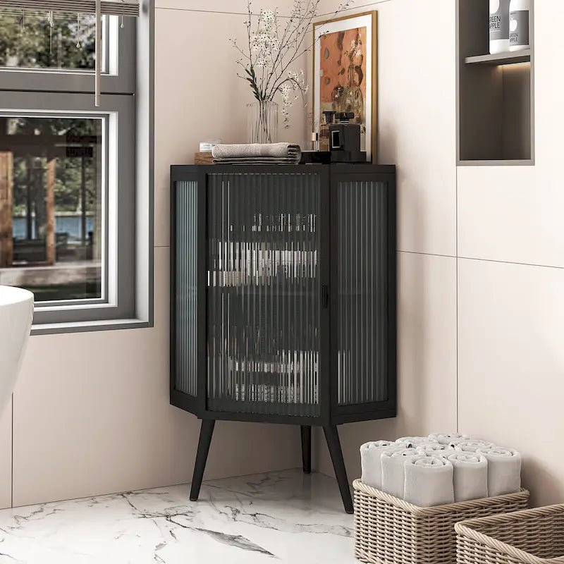 Meuble d'angle à poser, 3 niveaux avec portes en verre trempé et étagères de rangement