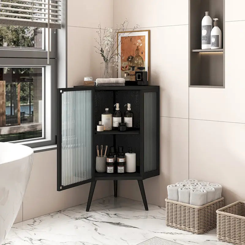 Meuble d'angle à poser, 3 niveaux avec portes en verre trempé et étagères de rangement