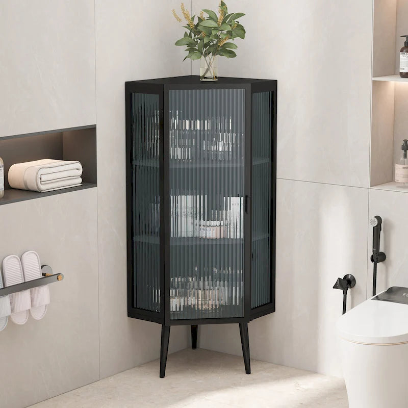 Meuble d'angle à poser, 3 niveaux avec portes en verre trempé et étagères de rangement