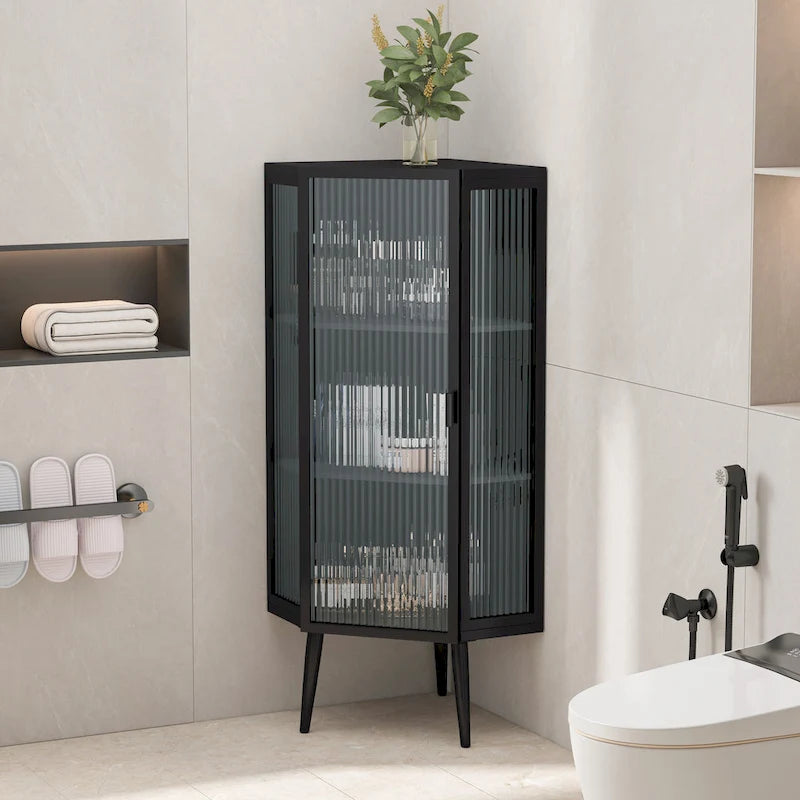 Meuble d'angle à poser, 3 niveaux avec portes en verre trempé et étagères de rangement