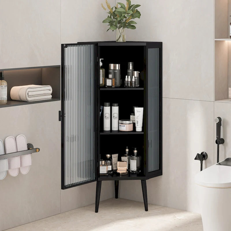 Meuble d'angle à poser, 3 niveaux avec portes en verre trempé et étagères de rangement