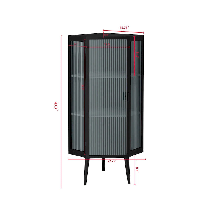 Meuble d'angle à poser, 3 niveaux avec portes en verre trempé et étagères de rangement