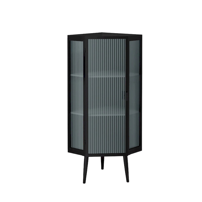 Meuble d'angle à poser, 3 niveaux avec portes en verre trempé et étagères de rangement