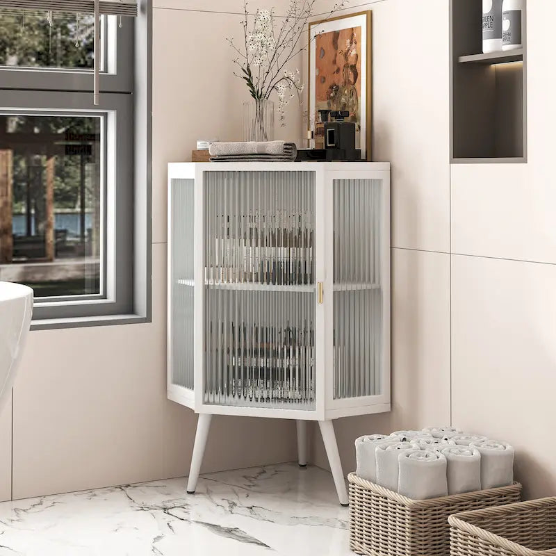 Meuble d'angle à poser, 3 niveaux avec portes en verre trempé et étagères de rangement
