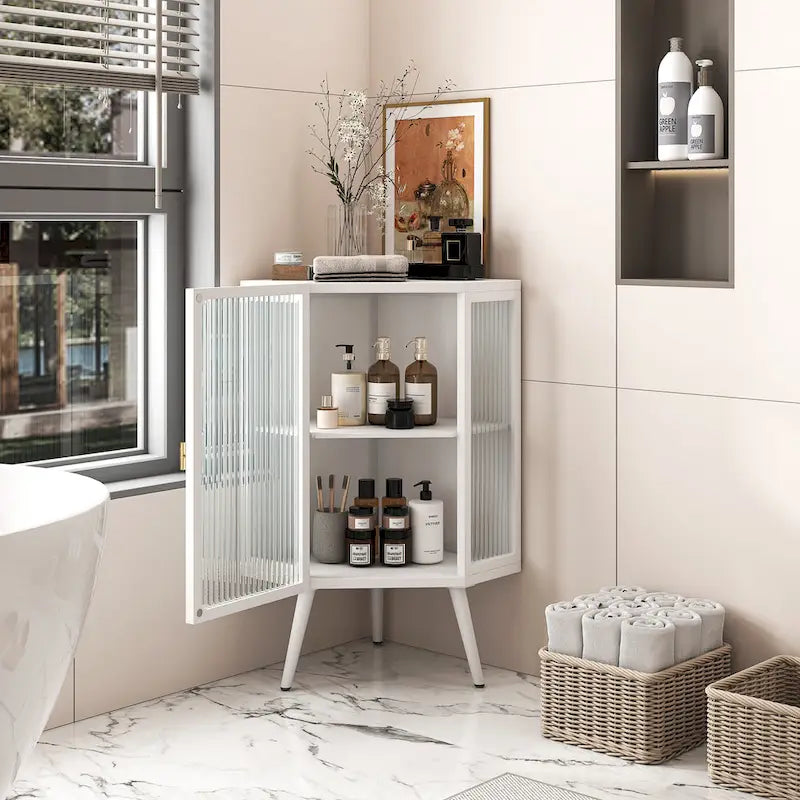 Meuble d'angle à poser, 3 niveaux avec portes en verre trempé et étagères de rangement