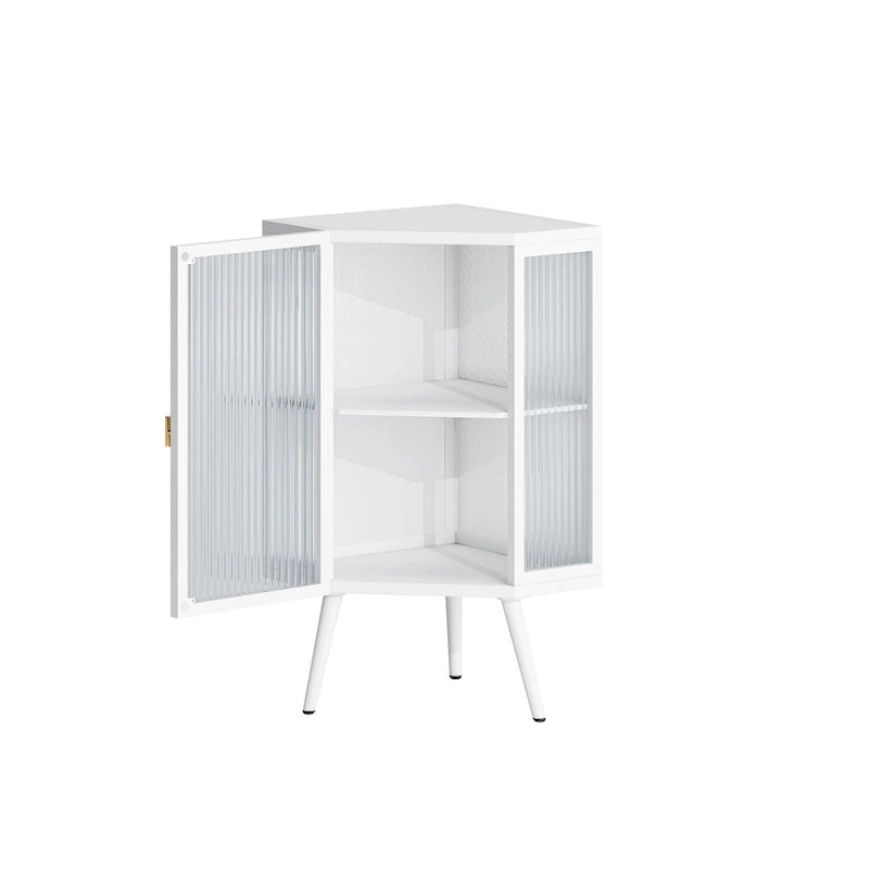 Meuble d'angle à poser, 3 niveaux avec portes en verre trempé et étagères de rangement