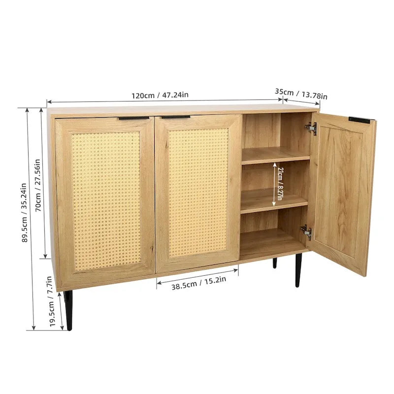 47.24 Meuble de rangement en bois avec 3 portes en rotin et 3 étagères