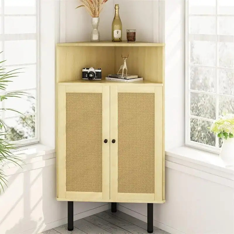 Meuble d'angle 4 niveaux avec portes Étagères en rotin Meuble de rangement autoportant pour bar - 22,25P x 15,75L x 39,56H