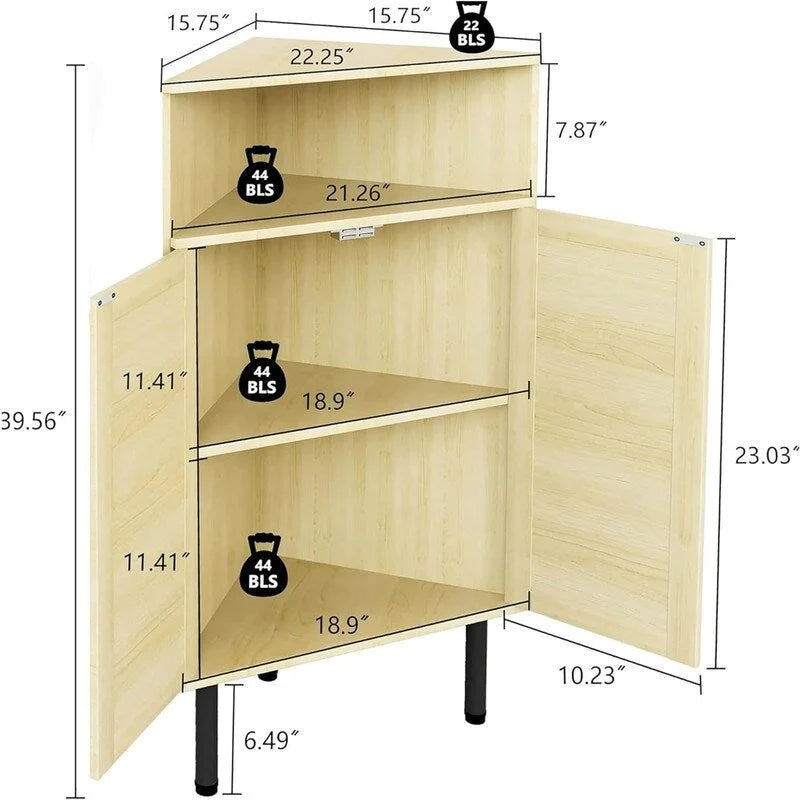 Meuble d'angle 4 niveaux avec portes Étagères en rotin Meuble de rangement autoportant pour bar - 22,25P x 15,75L x 39,56H