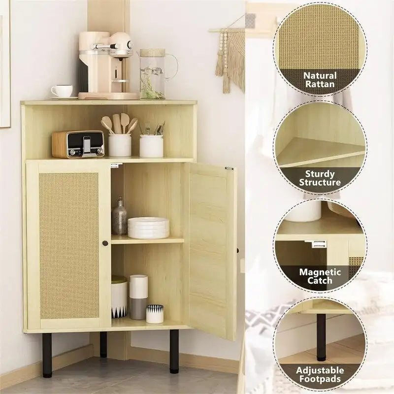 Meuble d'angle 4 niveaux avec portes Étagères en rotin Meuble de rangement autoportant pour bar - 22,25P x 15,75L x 39,56H