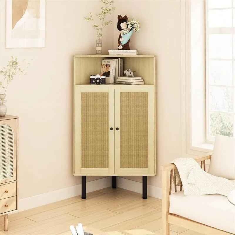 Meuble d'angle 4 niveaux avec portes Étagères en rotin Meuble de rangement autoportant pour bar - 22,25P x 15,75L x 39,56H