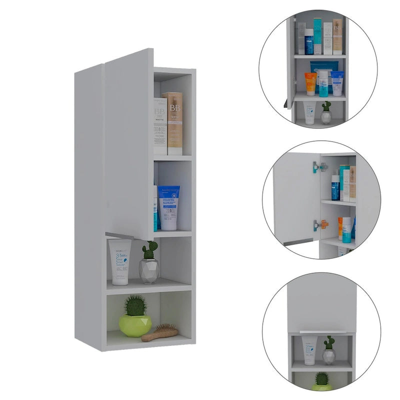 Meuble bas Mila, deux étagères intérieures, deux étagères extérieures, une porte – Blanc