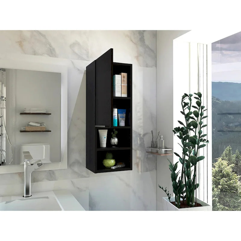 Meuble bas Mila, deux étagères intérieures, deux étagères extérieures, une porte – Blanc