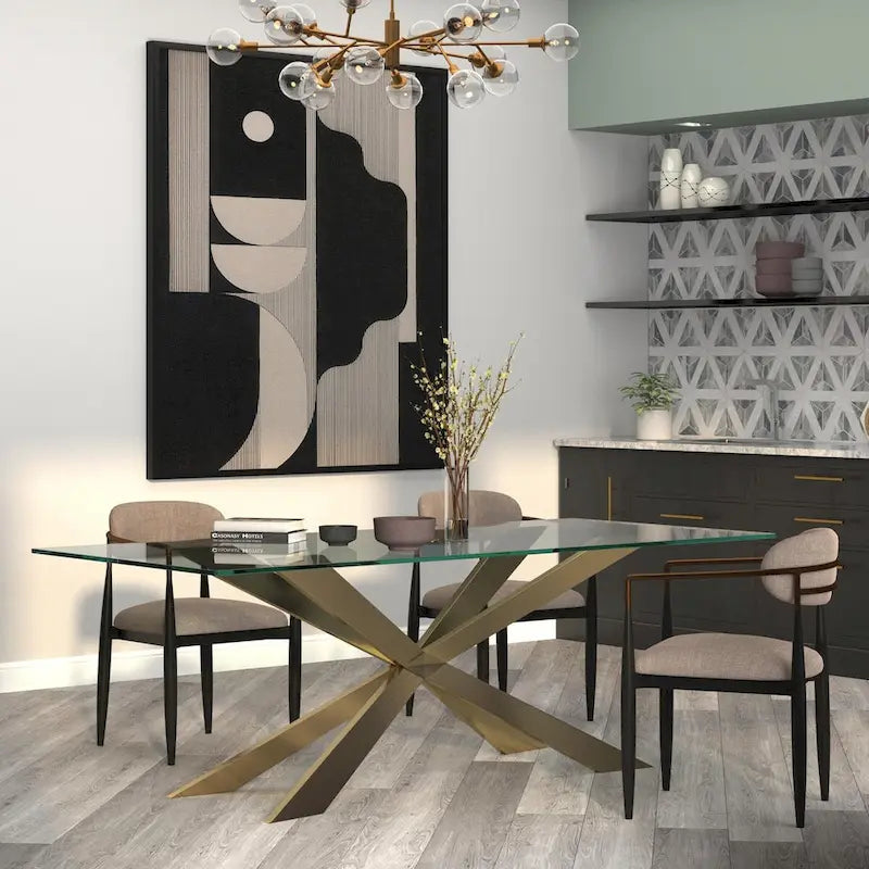 Table de salle à manger en verre avec base en croix