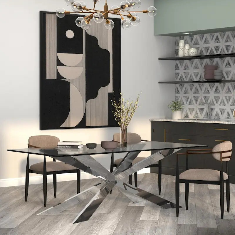 Table de salle à manger en verre avec base en croix
