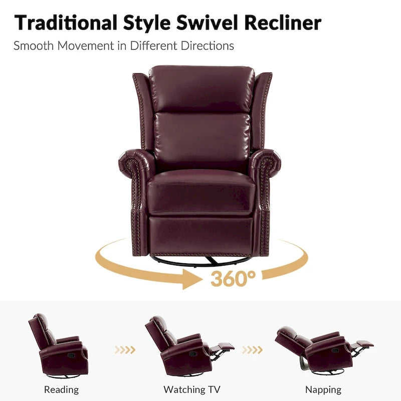 Fauteuil inclinable, pivotant et coulissant manuel Viviana en cuir véritable traditionnel par HULALA HOME