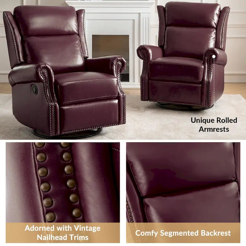Fauteuil inclinable, pivotant et coulissant manuel Viviana en cuir véritable traditionnel par HULALA HOME