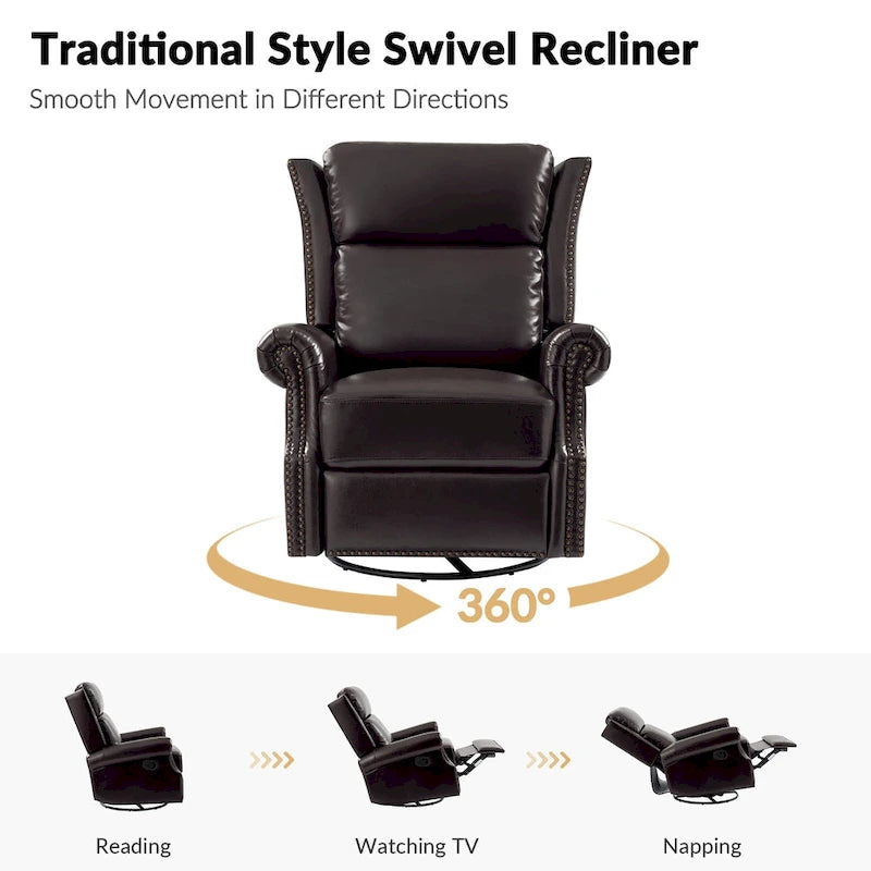 Fauteuil inclinable, pivotant et coulissant manuel Viviana en cuir véritable traditionnel par HULALA HOME