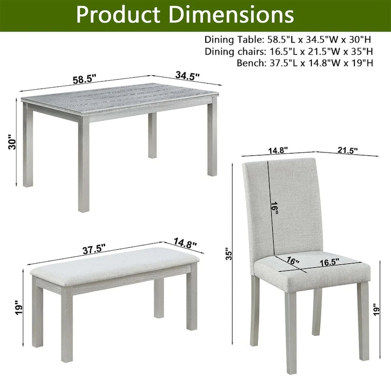 Table à manger rectangulaire en bois avec banc et 4 chaises
