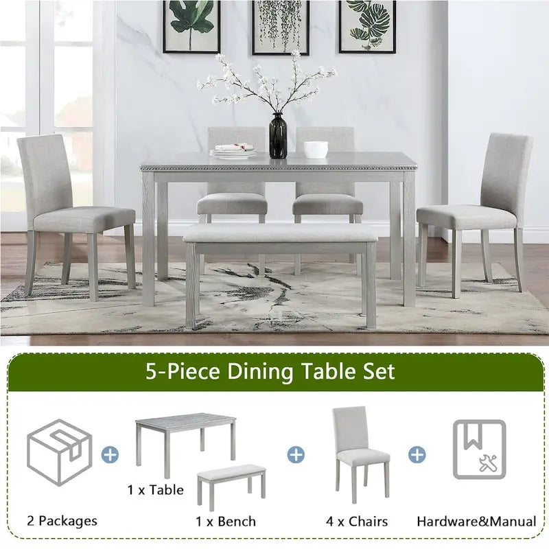 Table à manger rectangulaire en bois avec banc et 4 chaises