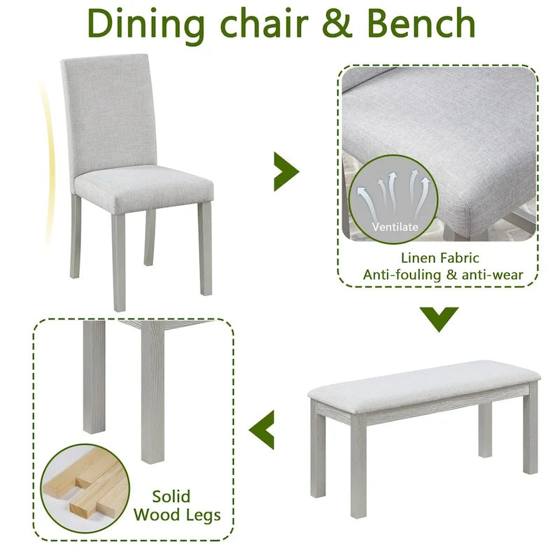 Table à manger rectangulaire en bois avec banc et 4 chaises