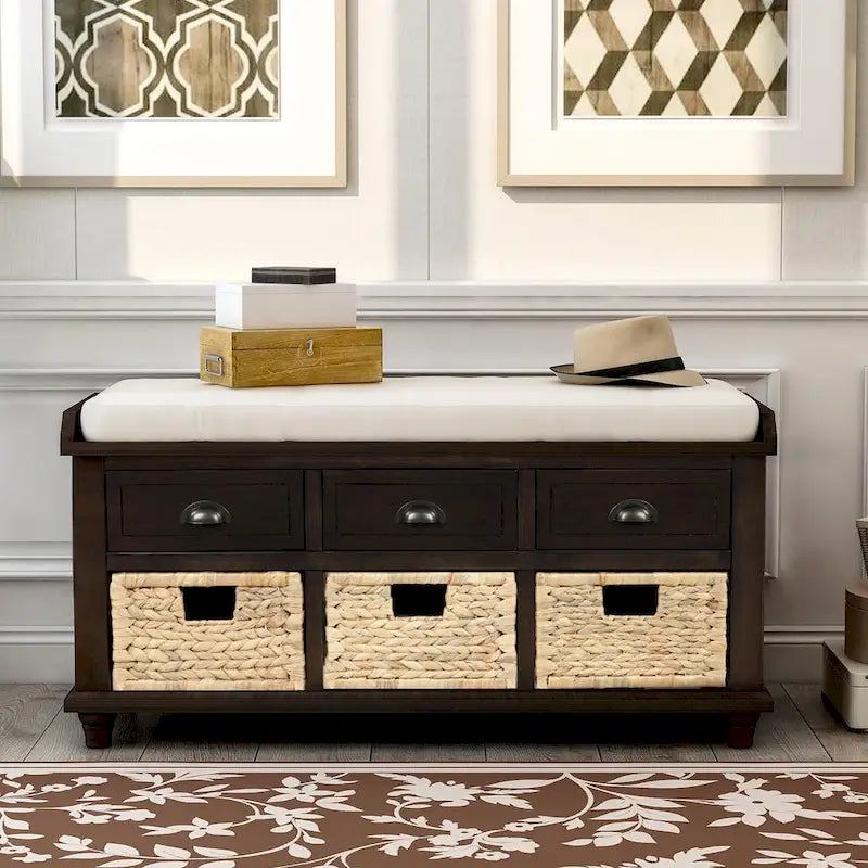 Banc de rangement rustique avec 3 tiroirs et 3 paniers en rotin, banc à chaussures pour salon, entrée