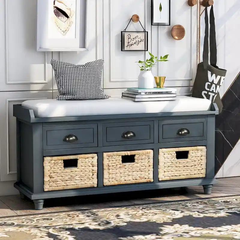 Banc de rangement rustique avec 3 tiroirs et 3 paniers en rotin, banc à chaussures pour salon, entrée