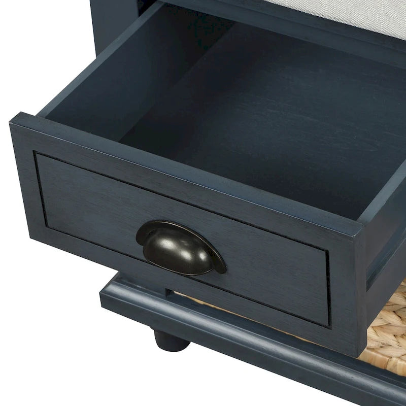 Banc de rangement rustique avec 3 tiroirs et 3 paniers en rotin, banc à chaussures pour salon, entrée