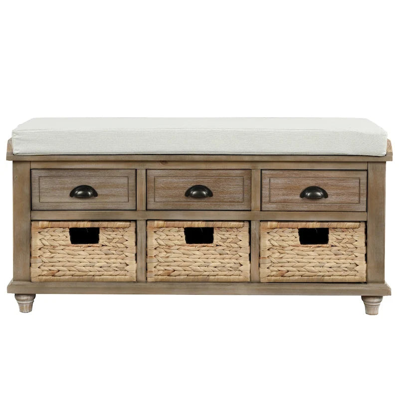 Banc de rangement rustique avec 3 tiroirs et 3 paniers en rotin, banc à chaussures pour salon, entrée