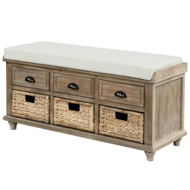 Banc de rangement rustique avec 3 tiroirs et 3 paniers en rotin, banc à chaussures pour salon, entrée