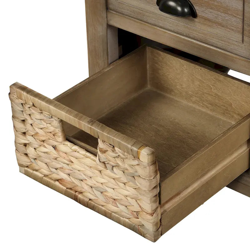 Banc de rangement rustique avec 3 tiroirs et 3 paniers en rotin, banc à chaussures pour salon, entrée