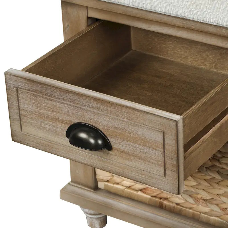 Banc de rangement rustique avec 3 tiroirs et 3 paniers en rotin, banc à chaussures pour salon, entrée