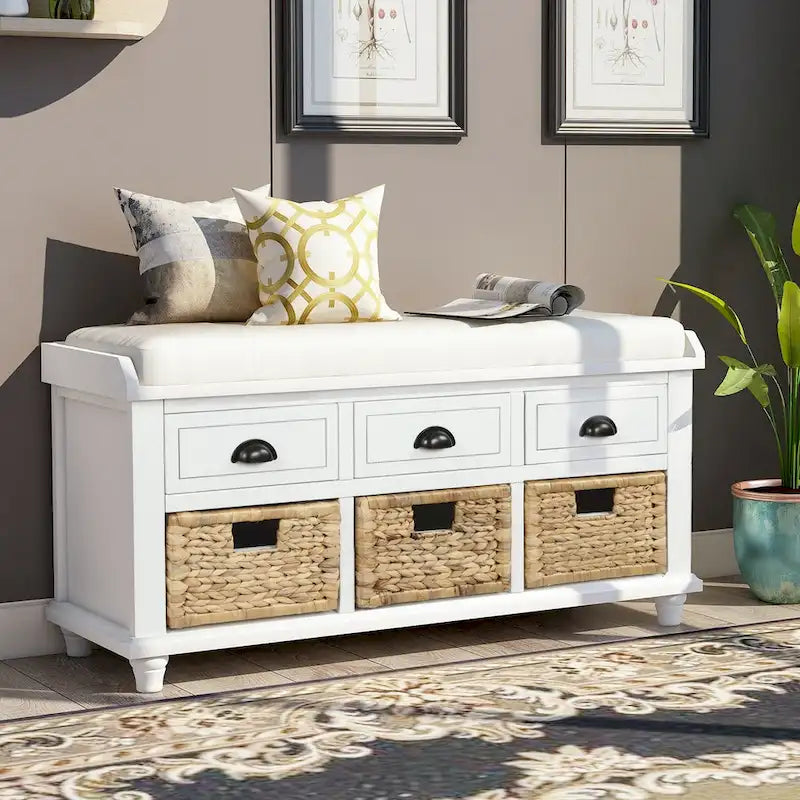 Banc de rangement rustique avec 3 tiroirs et 3 paniers en rotin, banc à chaussures pour salon, entrée