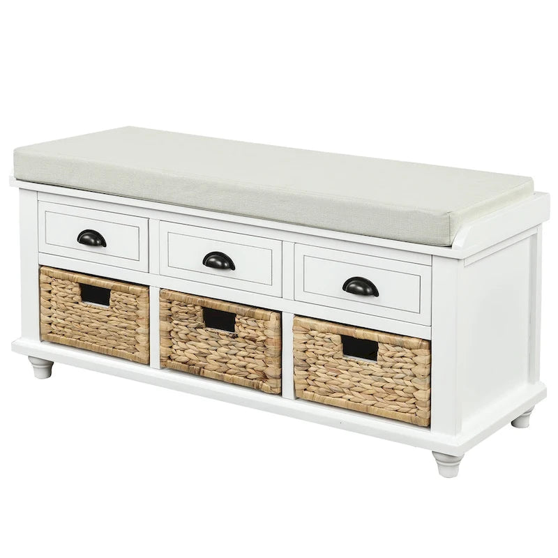 Banc de rangement rustique avec 3 tiroirs et 3 paniers en rotin, banc à chaussures pour salon, entrée