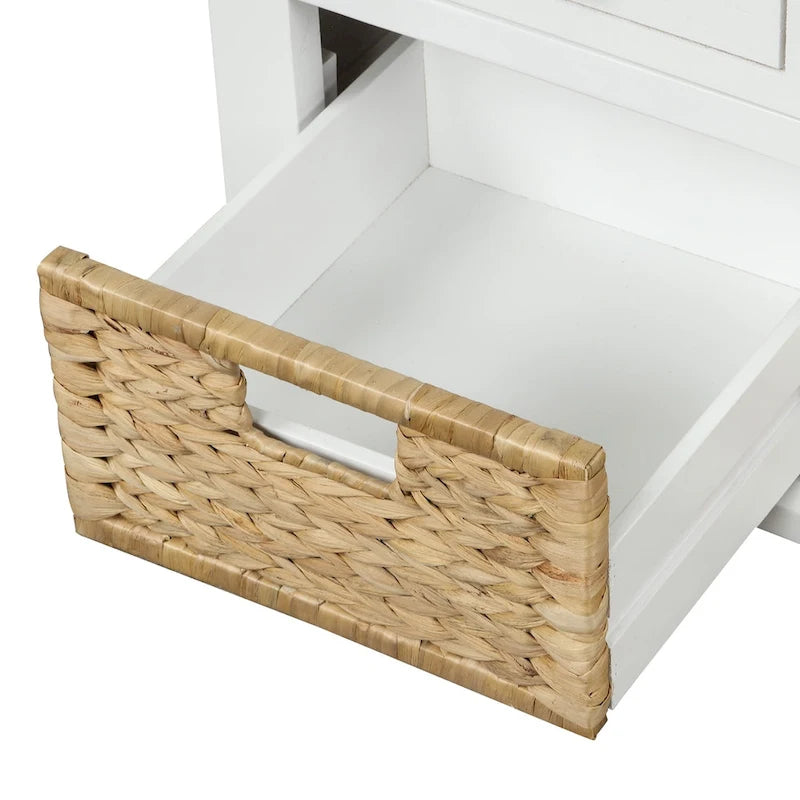 Banc de rangement rustique avec 3 tiroirs et 3 paniers en rotin, banc à chaussures pour salon, entrée