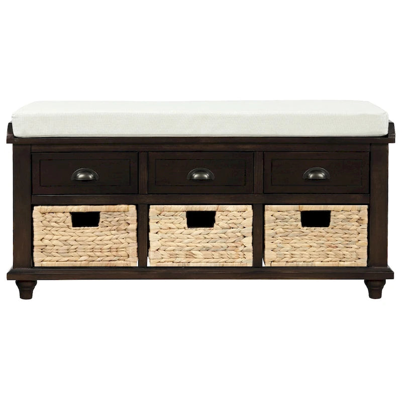 Banc de rangement rustique avec 3 tiroirs et 3 paniers en rotin, banc à chaussures pour salon, entrée