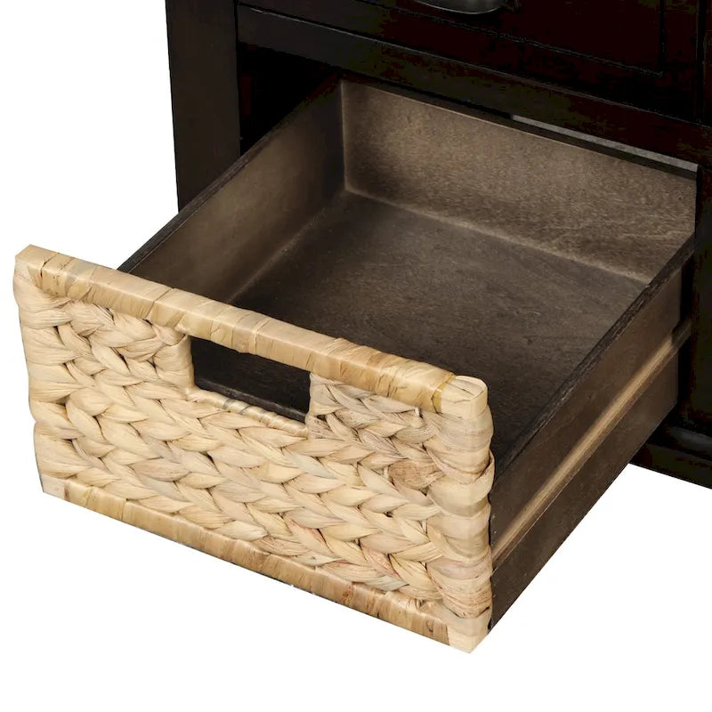 Banc de rangement rustique avec 3 tiroirs et 3 paniers en rotin, banc à chaussures pour salon, entrée