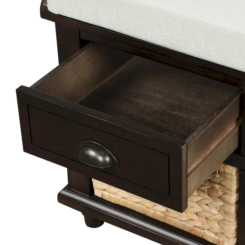 Banc de rangement rustique avec 3 tiroirs et 3 paniers en rotin, banc à chaussures pour salon, entrée