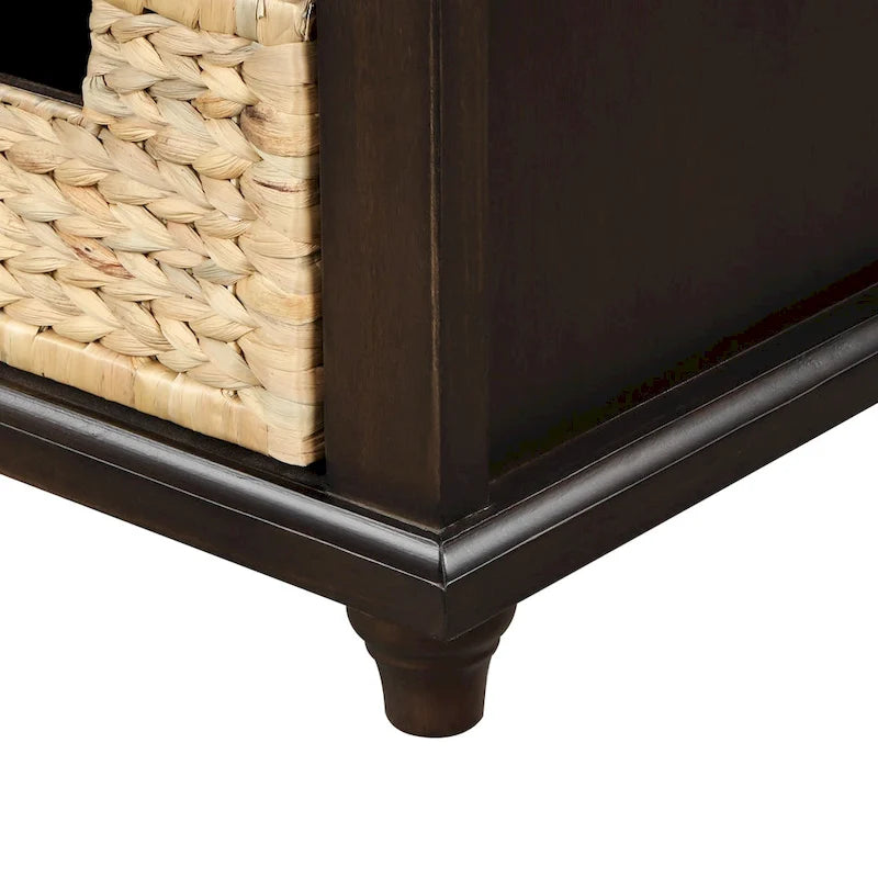 Banc de rangement rustique avec 3 tiroirs et 3 paniers en rotin, banc à chaussures pour salon, entrée