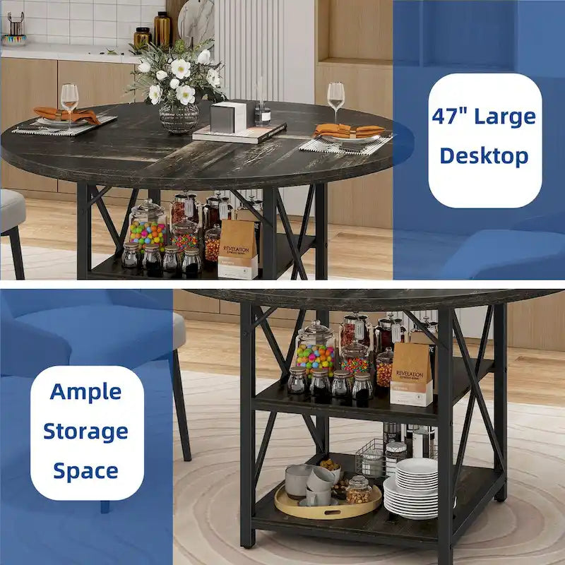 Table à manger ronde Moasis avec étagères de rangement et pieds en métal pour 4 à 6 personnes pour salle à manger ou salon