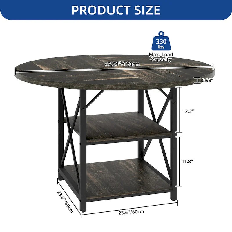 Table à manger ronde Moasis avec étagères de rangement et pieds en métal pour 4 à 6 personnes pour salle à manger ou salon