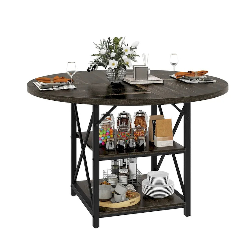 Table à manger ronde Moasis avec étagères de rangement et pieds en métal pour 4 à 6 personnes pour salle à manger ou salon