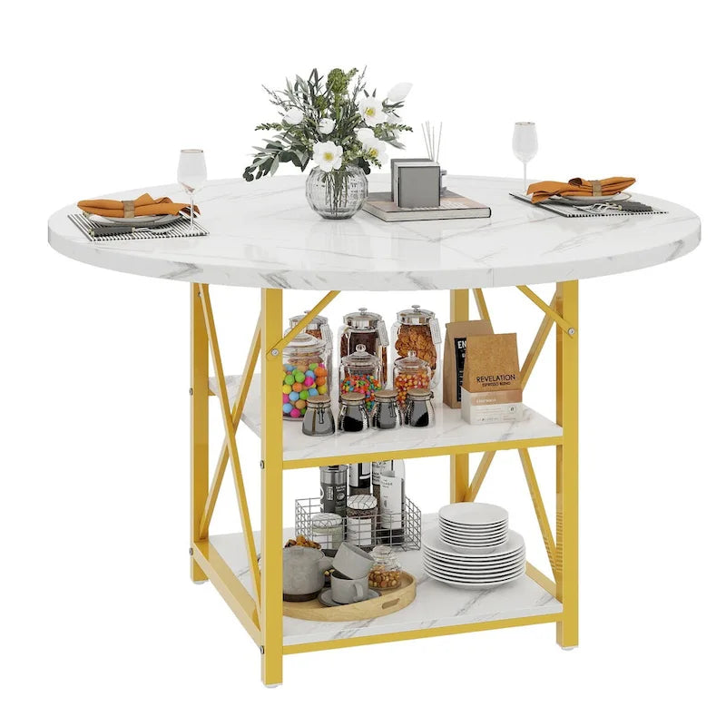 Table à manger ronde Moasis avec étagères de rangement et pieds en métal pour 4 à 6 personnes pour salle à manger ou salon