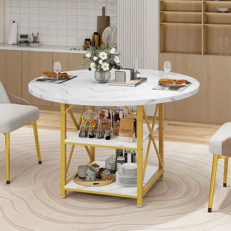 Table à manger ronde Moasis avec étagères de rangement et pieds en métal pour 4 à 6 personnes pour salle à manger ou salon