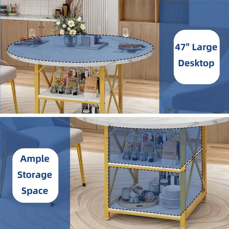 Table à manger ronde Moasis avec étagères de rangement et pieds en métal pour 4 à 6 personnes pour salle à manger ou salon